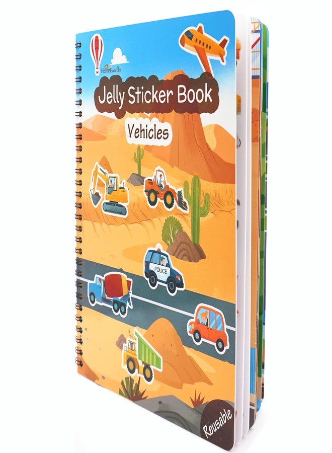 HomeEvolution Reusable Sticker Book for Toddlers - Vehicles & Construction, 3 Sheets Washable Car Truck Jelly Stickers, 9 Play Scenes Sticker Activity Book for Kids, Road Trip Travel Toys - Image 1